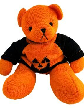 Halloween Bear Plush Fiesta Cuddle Knitted Orange Black Pumpkin Sweater 14"